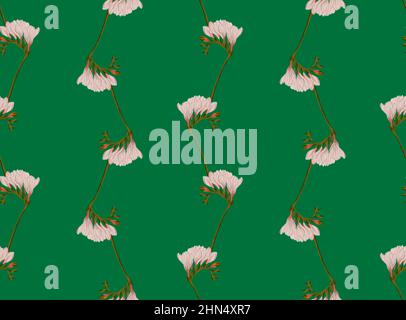 Freesia Zweig blüht mit weißen Blumen abstrakt nahtlose Muster illustraion auf grünem Hintergrund Stockfoto