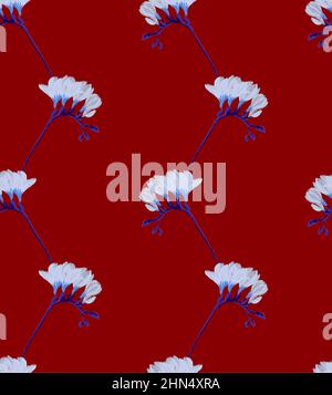 Freesia Blume Illustration abstrakt nahtlose Muster blau auf rotem Hintergrund Stockfoto