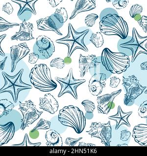 Zeichnungen von Meereslebewesen. Seeigel Freihand Umriss. Unterwasser Tiere Gravur. Tapete, Geschenkpapier, textile Designschalen Vektor nahtloses Muster. Vektorgrafik Stock Vektor