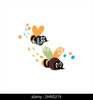 Lustige fliegende Bienen mit Pfad aus Punkten und Wassertropfen. Isolierte Vektorgrafik im Cartoon-Stil. Stock Vektor