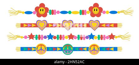 Freundschaft Armbänder Set. Retro Hippie DIY Perlen Armbänder mit Frieden Symbol und Herz, Blume Macht. Vektorgrafik Clip-Art Stock Vektor