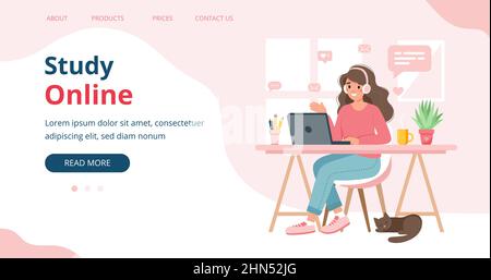 Online-Landing-Page-Vorlage studieren, Frau von zu Hause aus studieren, Online-Studentin. Niedliche Vektor-Illustration in flachem Stil Stock Vektor