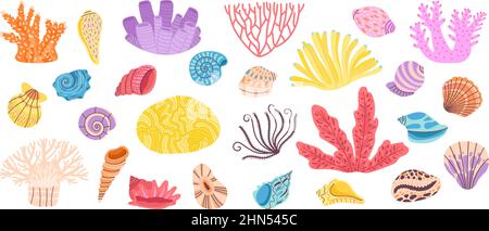 Korallen. Meereskorallen, Unkraut und Muschel. Ocean Reef Doodle Elemente. Muscheln Dekoration, Unterwasser oder Aquarium Objekte. Marine anständige Vektorobjekte Stock Vektor