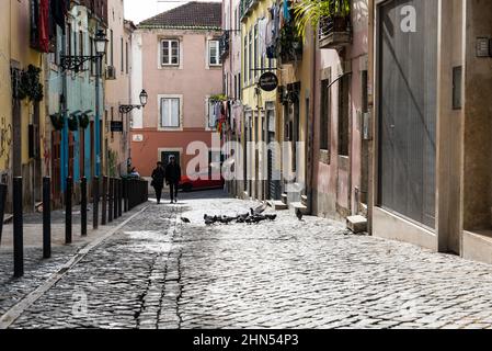 Sao Bento, Lissabon / Portugal - 12 25 2018: Tauben fressen in den gepflasterten engen Gassen und bunten Häusern in einem traditionellen Wohngebiet Stockfoto