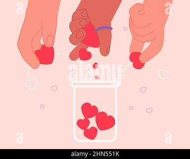 Hände spenden Liebe. Hand halten Herzen und füllen Glas. Konzept für Spenden und Freiwilligenarbeit. Romantische Gefühle, Hoffnung und Unterstützung Vektor Illustration Stock Vektor