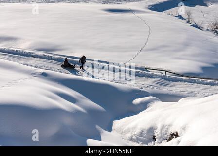 Baramulla, Indien. 12th. Februar 2022. Ein Mann zieht an einem sonnigen Tag in Gulmarg seinen Schlitten. Gulmarg ist eine Stadt, eine Bergstation, ein beliebtes Skiziel und ein mitteiltes Gebietskomitee im Baramulla-Distrikt Jammu und Kaschmir. Die Stadt liegt in der Pir Panjal Range im westlichen Himalaya und liegt innerhalb der Grenzen des Gulmarg Wildlife Sanctuary. Kredit: SOPA Images Limited/Alamy Live Nachrichten Stockfoto