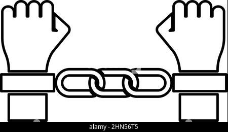 Hände in Handschellen Kriminalkonzept verhaftet Strafe Bondage Sträfling Kontur Umriss Linie Symbol schwarze Farbe Vektor Illustration Bild dünn flach Stock Vektor