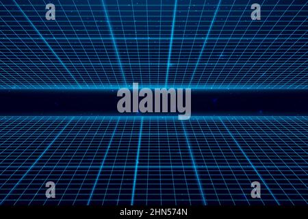 Perspektivische Drahtdarstellung. Raum Neon Unendlichkeit Mesh, abstrakter Retro-Hintergrund. Vektorgrafik Stock Vektor