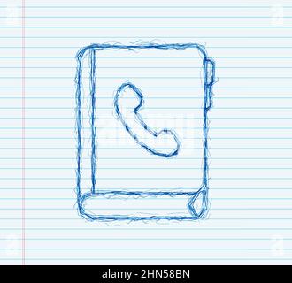 Flaches Symbol mit blauem Skizzenkontaktbuch auf dunklem Hintergrund für Papierdesign. Telefonsymbol. Vektorgrafik Stock Vektor