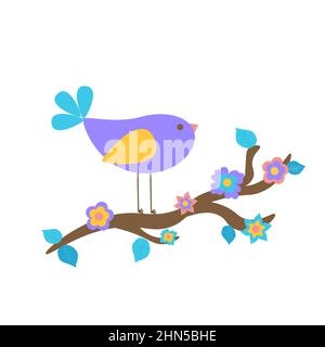 Ein süßer violetter Vogel sitzt auf einem mit Blumen bedeckten Baumzweig. Der Frühling kam. Entwerfen Sie eine Postkarte oder Einladung. Flache Vektorgrafik. Stock Vektor