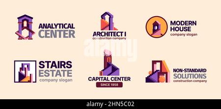 Immobilienlogo. Symbole der geschäftlichen Identität von farbigen, stilisierten geometrischen Apartments und Stadtansichten von Gebäuden grellen Vektor-Flachvorlagen Stock Vektor