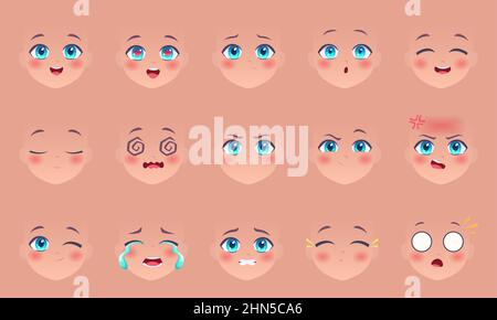 Anime-Gesichter. Manga Augen Nase und Lippen lustige Ausdrücke Cartoon kawaii Comic Gesichter Charaktere genaue Vektor Erstellung Kit Stock Vektor
