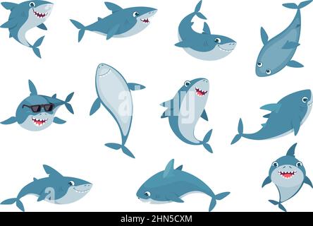 Ozeanhai. Niedliche wild schwimmende lächelnde Haie mit großen weißen Zähnen exaktes Vektor-Cartoon-Illustrationen-Set Stock Vektor