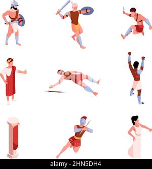 Uralte Kämpfer. Rom Gladiatoren Kämpfer Krieger Waffen historische Person grellen Vektor isometrische Illustrationen Stock Vektor