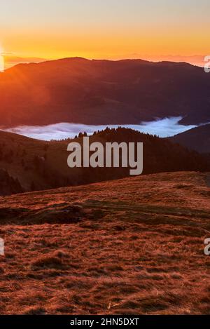 Neblige Berggipfel und Grasfeld mit sonnenaufgehenden Himmel Stockfoto