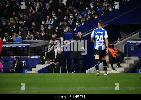 Barcelona, Spanien. 13th. Februar 2022. BARCELONA - FEBRUAR 13: Manager Xavi Hernandez aus Barcelona während des La Liga-Spiels zwischen RCD Espanyol und Barcelona am 13. Februar 2022 im RCDE-Stadion in Barcelona, Spanien. (Foto von Sara Aribó/PxImages) Credit: Px Images/Alamy Live News Stockfoto