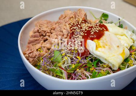 Hausgemachter Thunfisch und frisches Gemüse Bibimbap, koreanisches traditionelles Essen Stockfoto