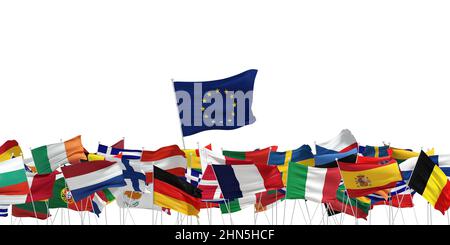 Flaggen der Mitgliedstaaten der Europäischen Union und große europäische Flagge. Weißer Hintergrund - 3D Rendering Stockfoto