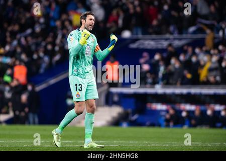 Diego Lopez von RCD Espanyol während des Fußballspiels der spanischen Meisterschaft La Liga zwischen RCD Espanyol und dem FC Barcelona am 13. Februar 2022 im RCD-Stadion in Barcelona, Spanien - Foto: Marc Graupera Aloma/DPPI/LiveMedia Stockfoto