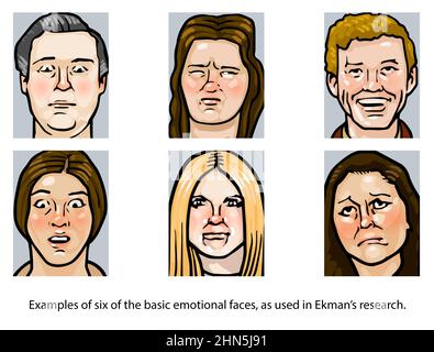 Paul Ekmans Smile-Forschung (falsches/reales Lächeln) Illustration der psychologischen Studie - realistisches, nicht Cartoon-thematisches berühmtes psychologisches Exmeriment Stockfoto