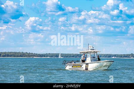 Shelter Island Police Boat Stockfoto