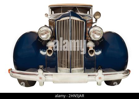Vorderansicht eines blauen Luxus-Oldtimer aus dem Jahr 1930 isoliert auf weißem Hintergrund Stockfoto