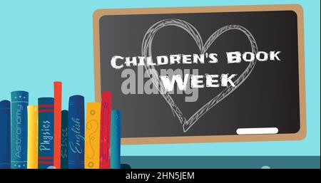 Vektorbild der Kinderbuchwoche und Herzform auf Schiefer mit bunten Büchern an der blauen Wand Stockfoto