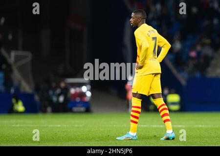 Ousmane Dembele vom FC Barcelona während des Fußballspiels der spanischen Meisterschaft La Liga zwischen RCD Espanyol und dem FC Barcelona am 13. Februar 2022 im RCD-Stadion in Barcelona, Spanien - Foto: Marc Graupera Aloma/DPPI/LiveMedia Stockfoto