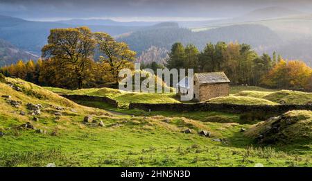 Herbstfarben bei Bell Hagg Barn Stockfoto