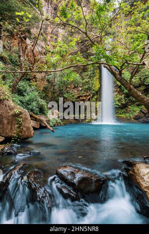 Catarata La Cangreja - Versteckte Wasserfall umgeben von grünen Bäumen, Vegetation, Felsen, Blättern, die auf grünem und klarem Wasser schwimmen, Rincon de la Vieja Nat Stockfoto