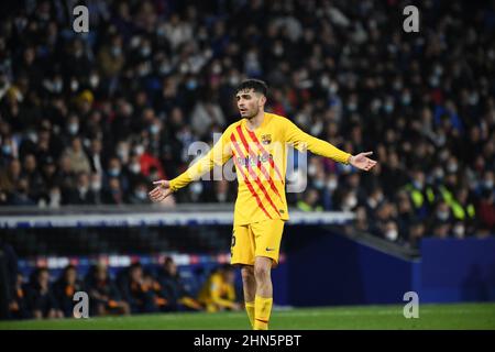 Barcelona, Spanien. 13th. Februar 2022. BARCELONA - 13. FEBRUAR: Pedri aus Barcelona reagiert während des La Liga-Spiels zwischen RCD Espanyol und Barcelona im RCDE-Stadion am 13. Februar 2022 in Barcelona, Spanien. (Foto von Sara Aribó/PxImages) Credit: Px Images/Alamy Live News Stockfoto