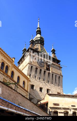 September 6 2021 - Sighisoara, Schäßburg, Rumänien: Der Uhrturm, sächsisches Wahrzeichen Siebenbürgens Stockfoto