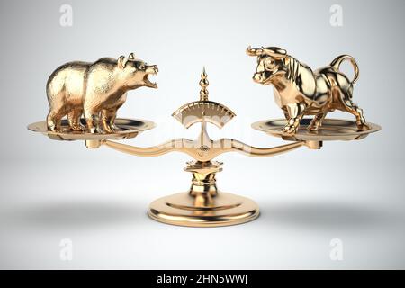 Stier und Bär auf einer Waage. Bärischer oder bullischer Markt im Hinblick auf das Börsenkonzept. 3D Abbildung Stockfoto