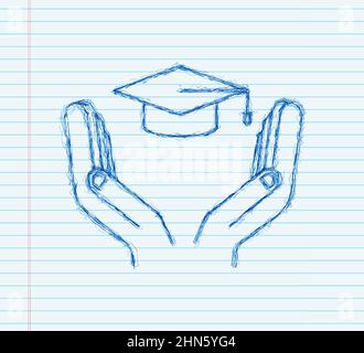 Abschlusskappe mit Quaste in den Händen, skizzieren Mörtelbrett. Vektorgrafik Stock Vektor