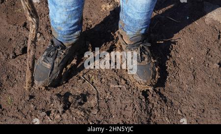 Frauen Stiefel im Schlamm, Detail von schmutzigen Stiefeln und schlammig, zu Fuß. Top down schmutzige schwarz geschnürte Stiefel Frau in blauen Jeans. Stockfoto