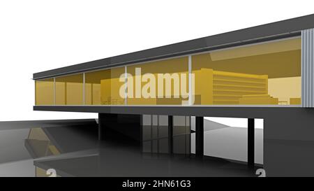 Hervorstehender Teil eines modernen Gebäudes in Schwarz. 3D Rendern Stockfoto