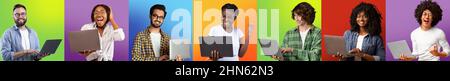 Online-Verkauf. Porträts Von Glücklichen, Multiethnischen Menschen, Die Laptops Halten Stockfoto