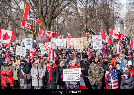 Protestierende des Trucker Konvois versammeln sich zum zweiten Mal in Folge im Queen's Park, Toronto, um sich solidarisch mit Anti-Mandats-Demonstrationen zu zeigen. Es kommt Stockfoto