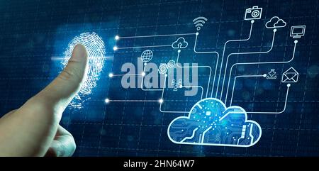 Geschäftsmann Fingerabdruck-Scan auf Netzwerkverbindung mit Technologie-Hintergrund. Cloud-Computing, Cyber-Sicherheit, Datenschutz und Netzwerksicherheit Stockfoto