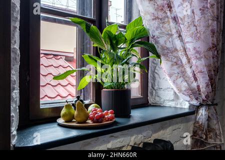 Vase mit Blumen auf Fensterbank im alten Vintage-Stil mit Früchten oder Kerzen Stockfoto
