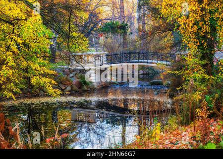 Herbstlandschaft mit Teich und Brücke im Ujazdowpark (Park Ujazdowski) in der Stadt Warschau in Polen. Stockfoto