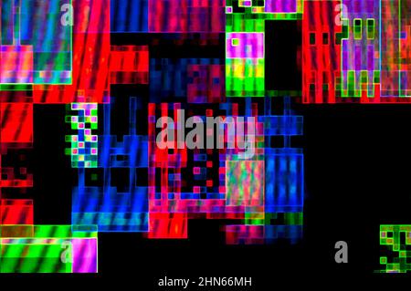 Abstrakter Hintergrund eines digitalen Glitches in Neonfarben. Stockfoto