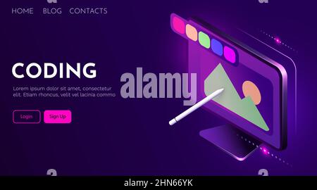 Computerdesign und digitale Kunst. Isometrischer Computer mit Stift und Design-Tools. Kreative Arbeit. Vorlage für Landing-Page Stock Vektor