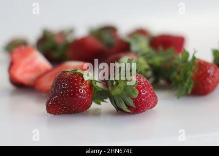 Frische Erdbeeren. Klein und groß. Rosa rote und grüne Kombination. Aufgenommen auf weißem Hintergrund Stockfoto