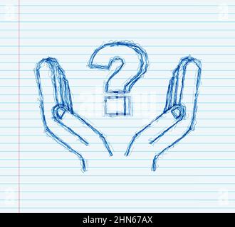 Skizzieren Sie Fragezeichen in den Händen für die Konzeptgestaltung. Vektorgrafik für Technologie. Abstrakte isometrische Illustration. Business-Vektor-Symbol. Stock Vektor