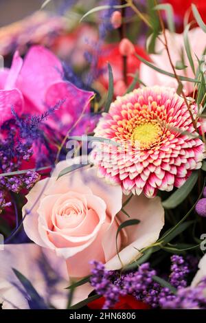 Fotos mit einem Blumenstrauß oder Strauß für den Valetines Day, bestehend aus Rosen, Orchideen und anderen Blumen. Stockfoto