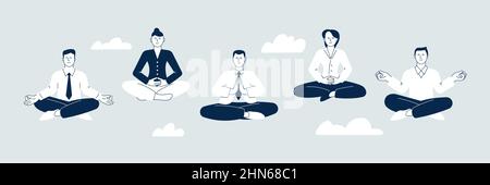 Meditations-Yoga-Gruppe. Geschäftsleute meditieren und entspannen sich. Teamdenken, Verstand reinigen und Ideen schaffen. Office Wellbeing, zen Group aktueller Vektor Stock Vektor