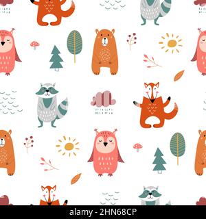 Niedliches skandinavisches Muster. Nordisches Wildtier, Waldcharaktere. Waldtiere, Bär, Fuchs, Eule und Waschbär. Kindlicher Stoffdruck, edle Vektorgrafik Stock Vektor