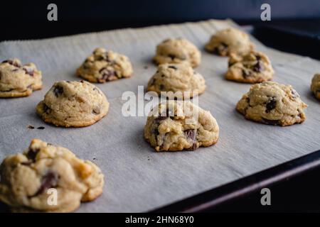 Soft-Batch Frischkäse Chocolate Chip Cookies: Chocolate Chip Cookies auf einem mit Pergamentpapier ausgekleideten Blech Stockfoto