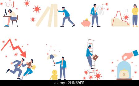 Geschäftsprobleme. Arbeitsstress, pandemische Wirtschaftskrise und Rettung. Unternehmer brauchen Hilfe und Finanzierung. Menschen müde und aggressiv, neu Stock Vektor